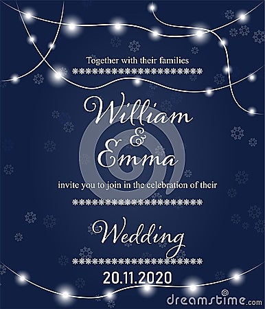 Elegant winter wedding invitation, decorated with snowflakes and lights. Vector Illustration